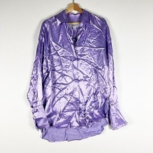 Sabina Musayev Satin Collared Long Sleeve Cut Out Button Front Blouse Purple XS